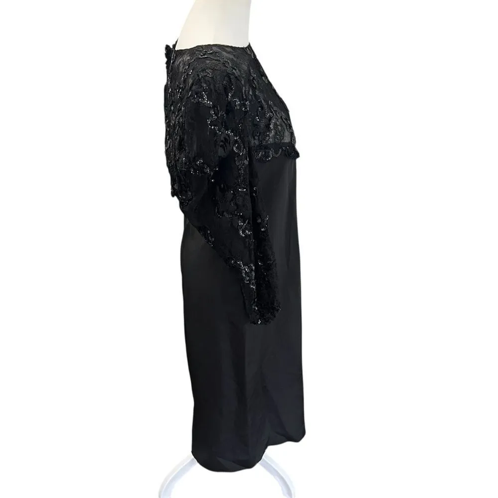 Vintage 1980s Celine Paris Black Silk Lace Sequin Evening Cocktail Dress FR 42 - Image 4