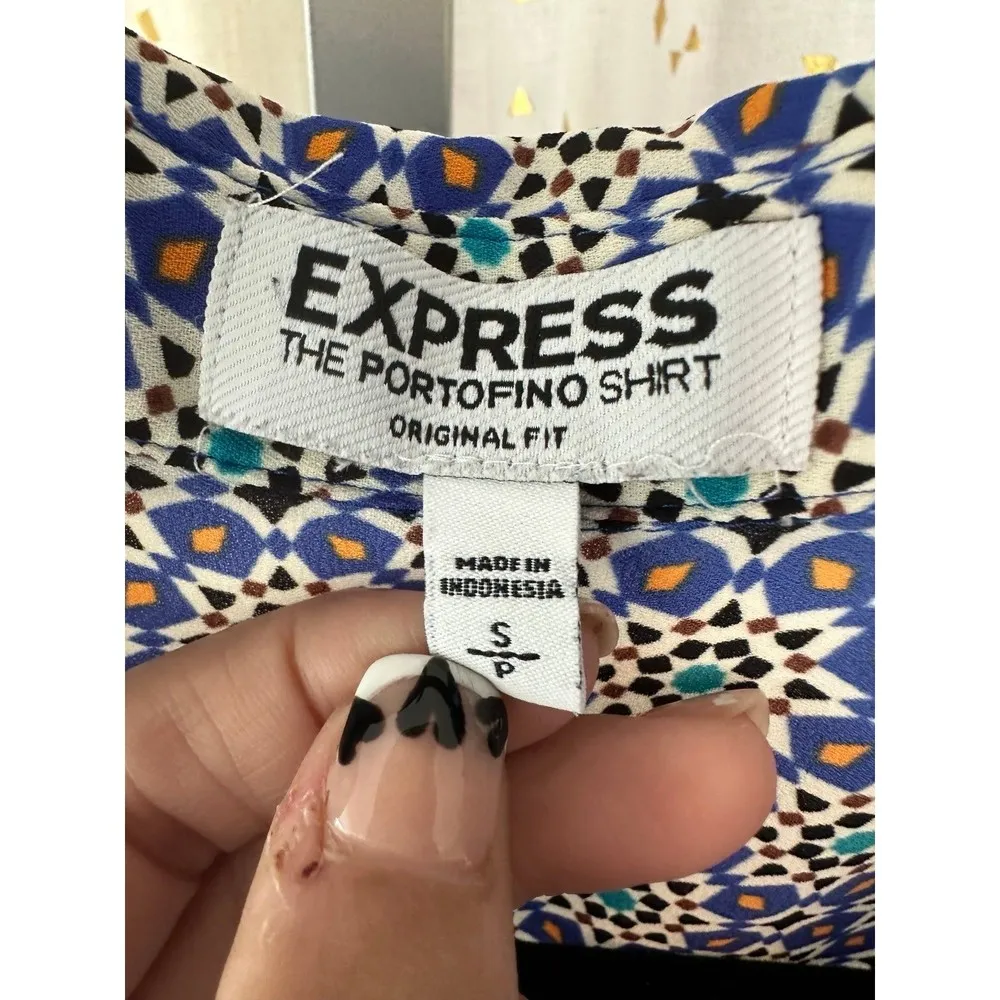 Portofino Mosaic Geometric Artsy Original Fit Button Down Silky Shirt S - Image 6