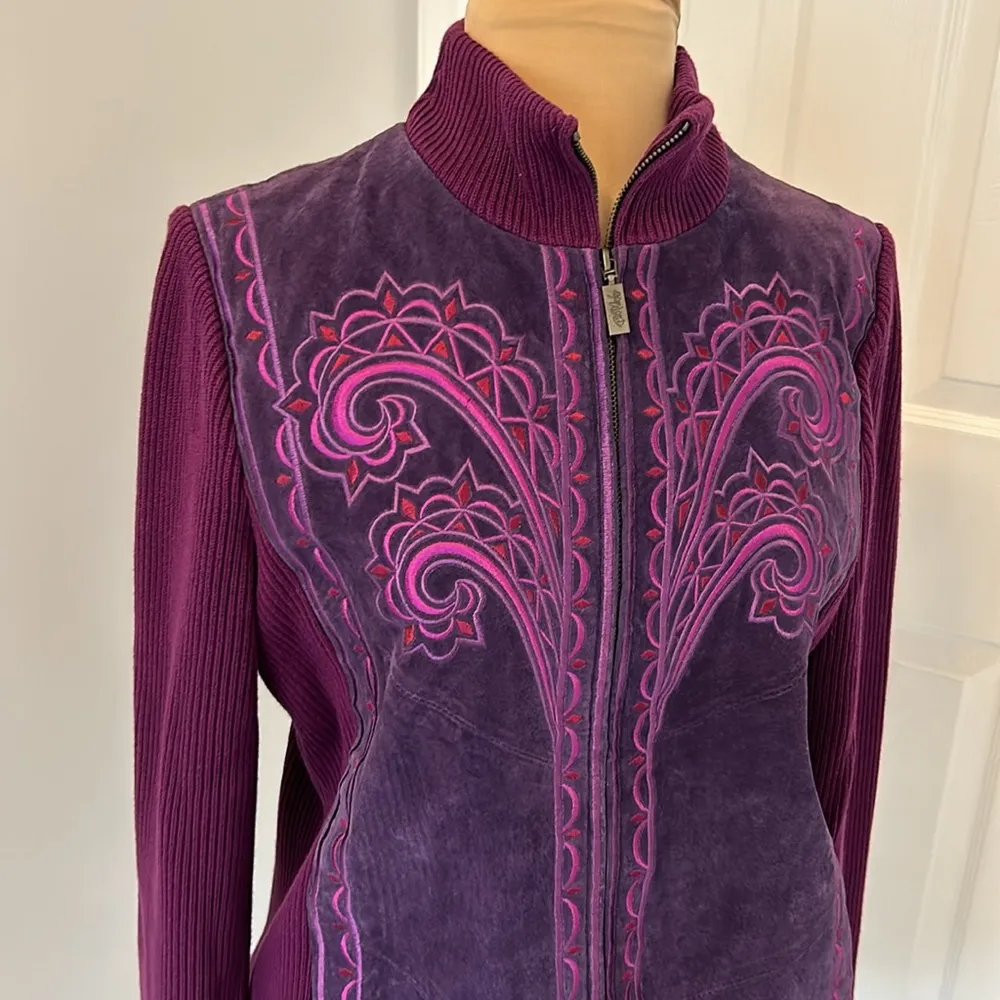 Vintage Bob Mackie Purple Suede Embroidered Full Zip Cardigan - Image 5