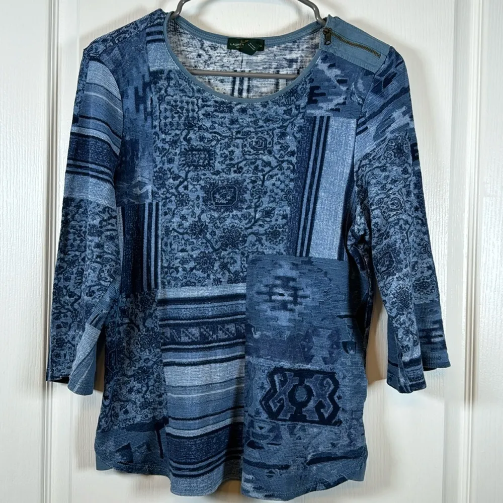 LRL Lauren Jeans Blue Color Block Patchwork Blue S/S Blouse Large EUC #1336-LA - Image 2