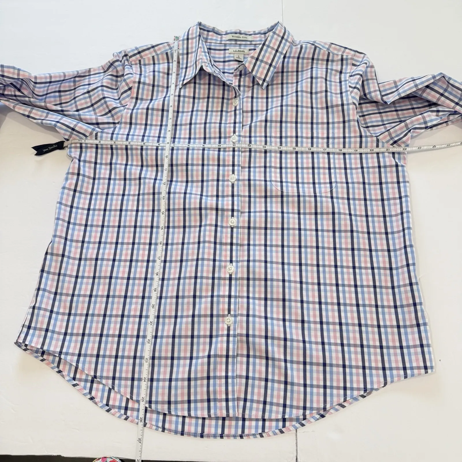 LL Bean Pink Blue Plaid Wrinkle Free Pinpoint Oxford Button Shirt LARGE PETITE Size undefined - Image 7