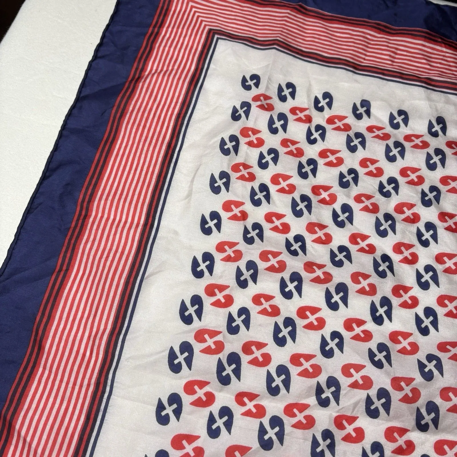 Vintage Acetate Square Scarf 28” x 28" Red White Blue Japan - Image 3