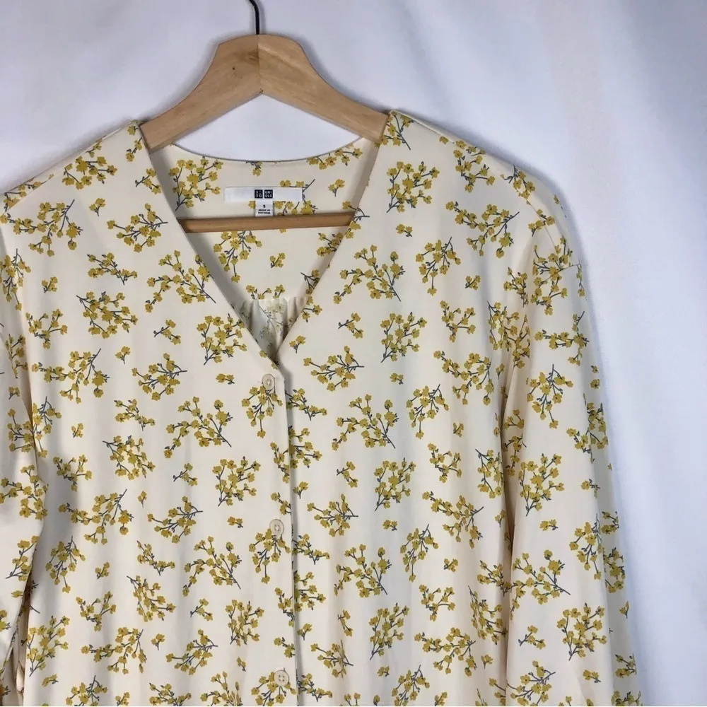 Uniqlo Joy Of Print Cream & Yellow Floral Long Sleeve Midi Dress S - Image 4