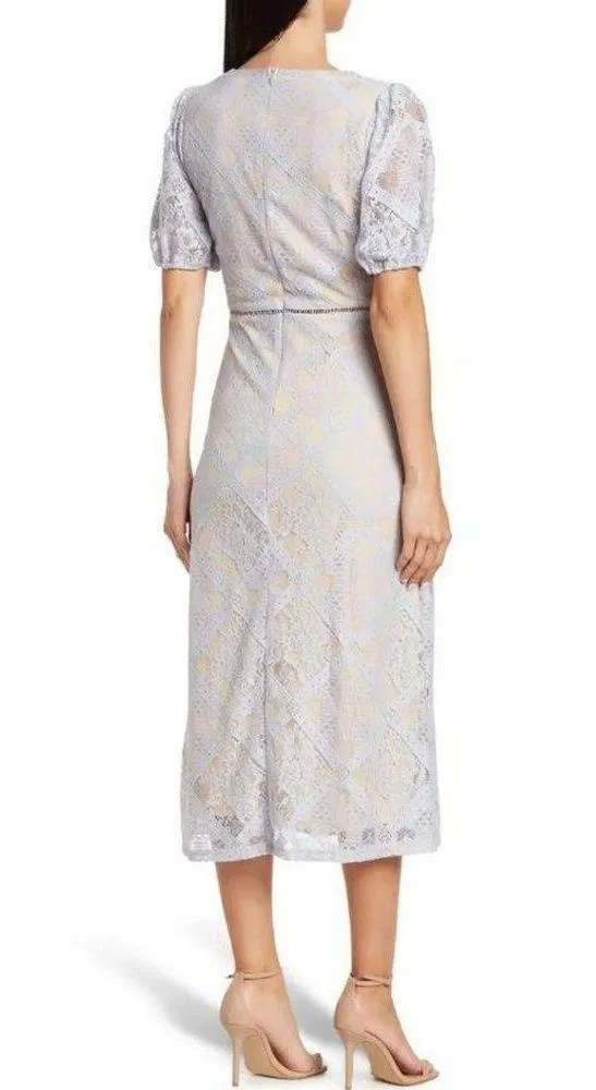 NSR Short Puff Sleeve Knit Lace Overlay Midi Dress Light Blue Cream Size S - Image 3