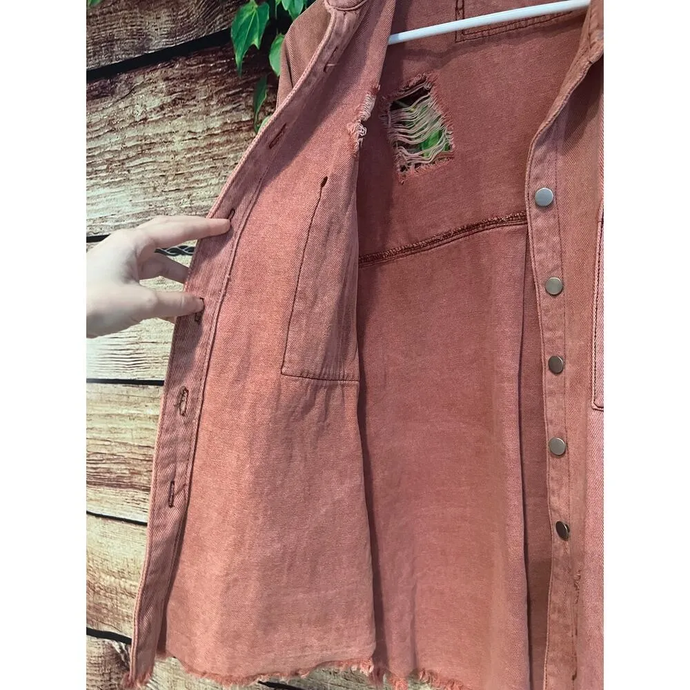 POL Red Distressed Denim Jacket Raw Edge Fringe 4th of July Star S Oversized - Image 3