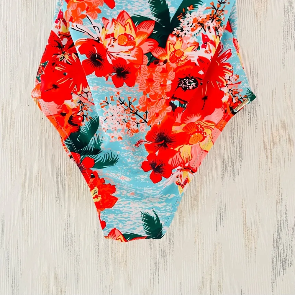 RELLECIGA Women's Blue Floral lounce Ruffle Criss Cross One Piece Swimsuit Sz. M - Image 8