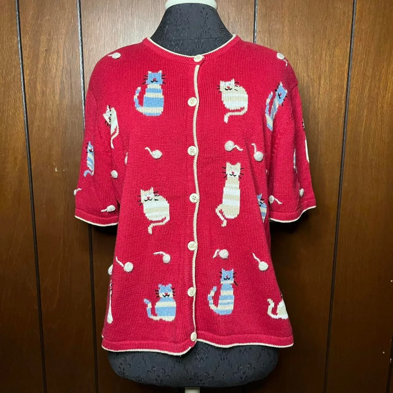 Knit Cats Sweater Button Up Short Sleeves ( Large ) Yarn Kitten Hand Embroidered - Image 2