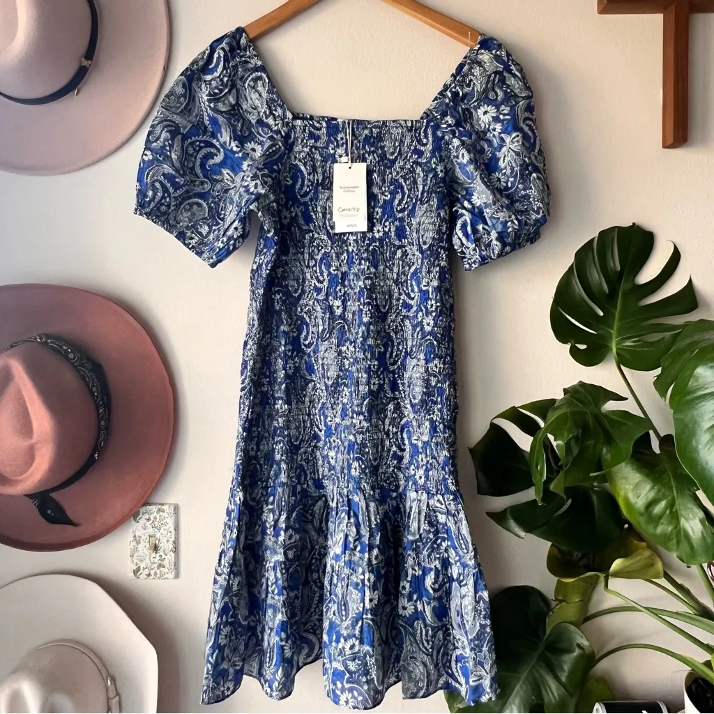 MNG MANGO Printed Ruched‎ Dress blue Womens SIZE LARGE NEW floral paisley garden - Image 5