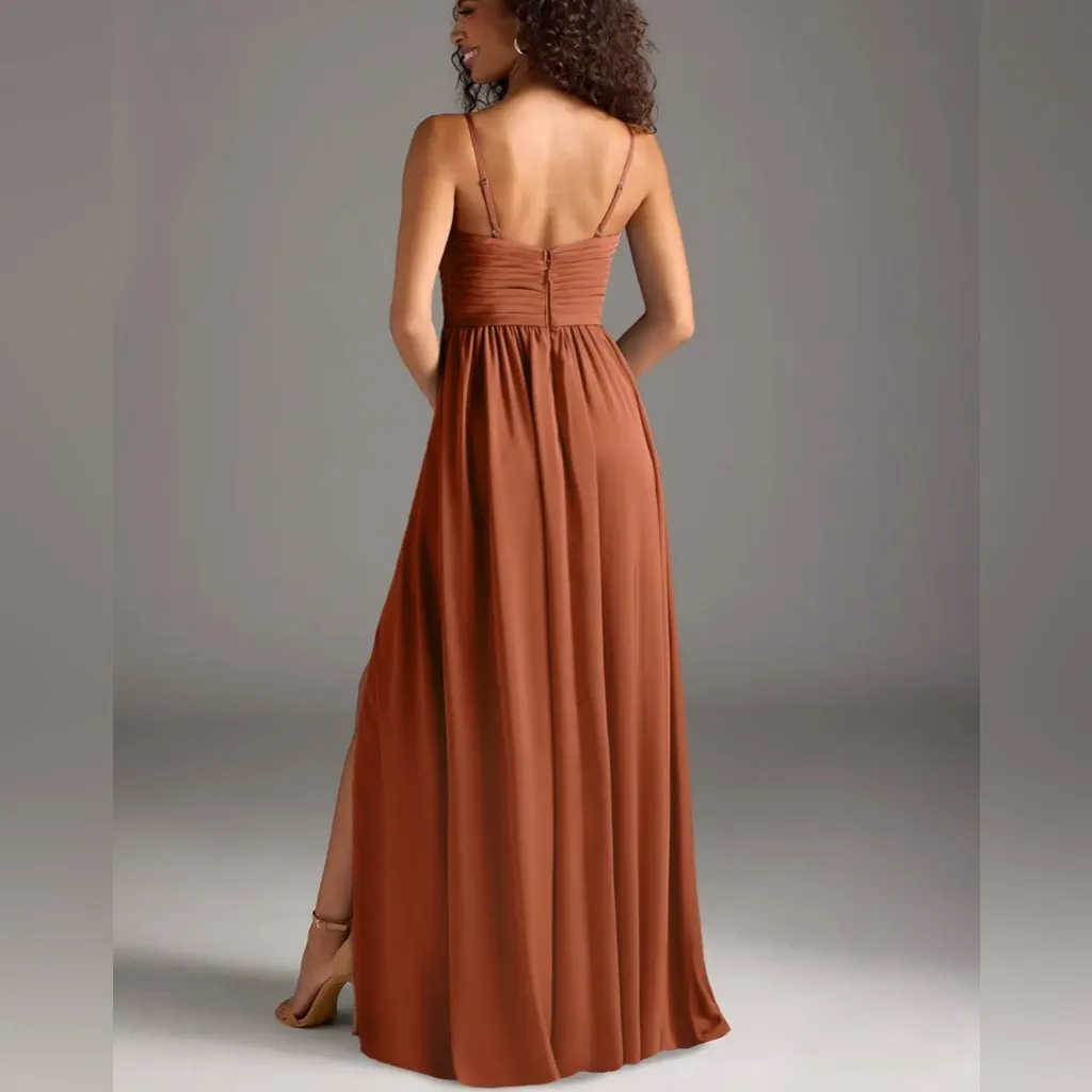 Azazie Alia bridesmaid gown NWT A6 Cedar Rose A-line Pleated Stretch Satin Dress - Image 4