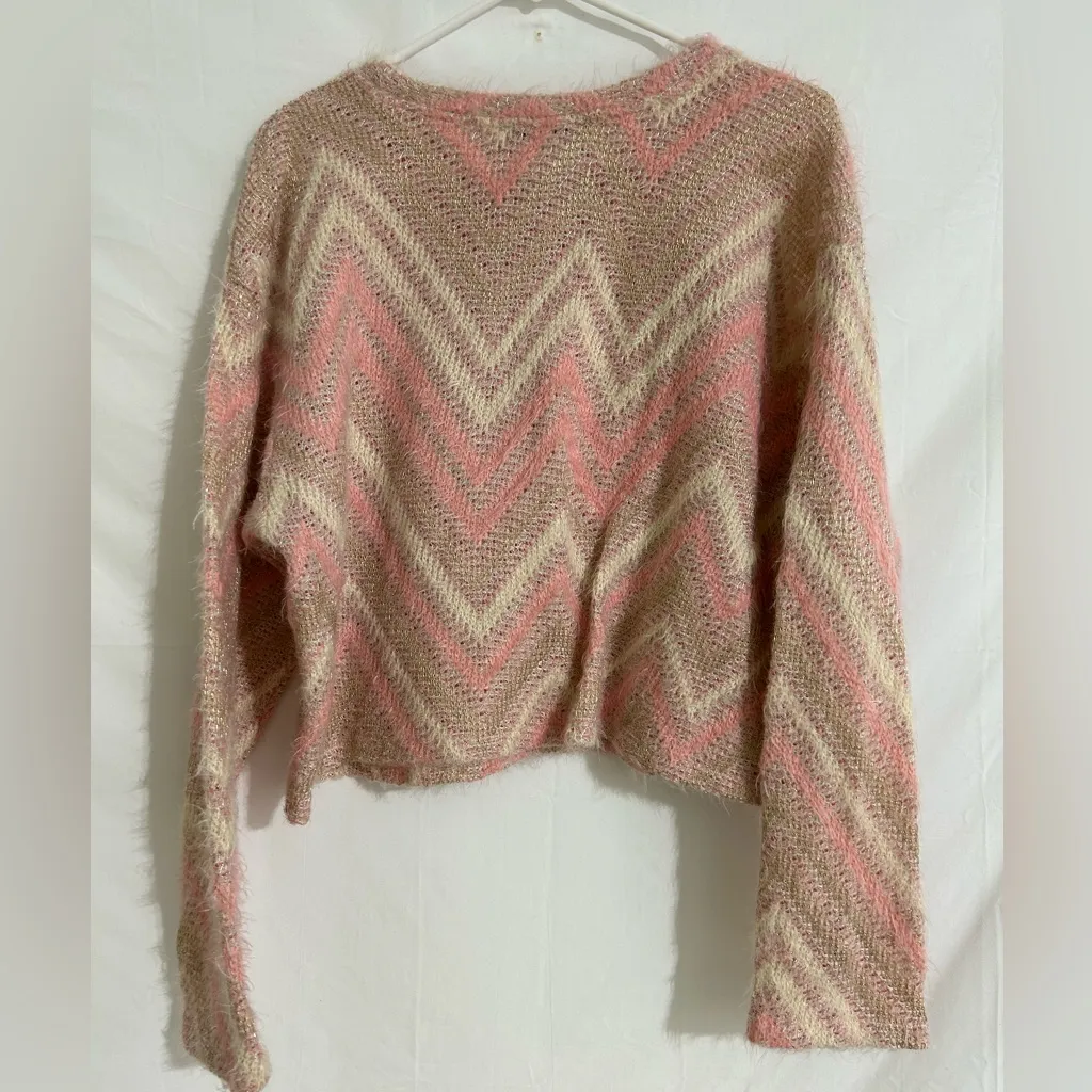 Zara Pink and White‎ Textured Chevron Sweater Metallic Thread Size Large - Image 4