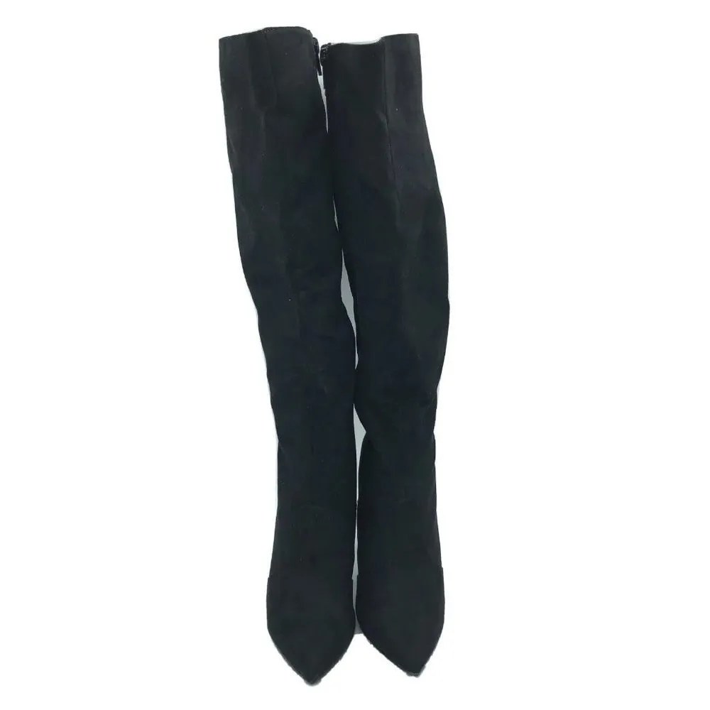 JustFab Norelle Boots Knee High Faux Suede Ruffle Stiletto Pointed Toe Black 5.5 - Image 2