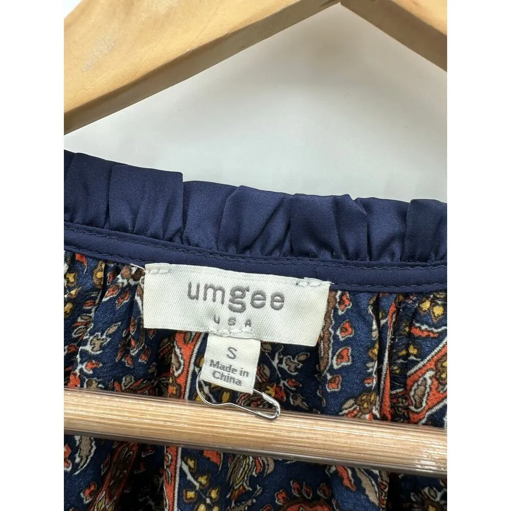 Umgee Womens Boho Peasant Top Size S Navy Blue Orange Paisley Oversized Shirt - Image 6