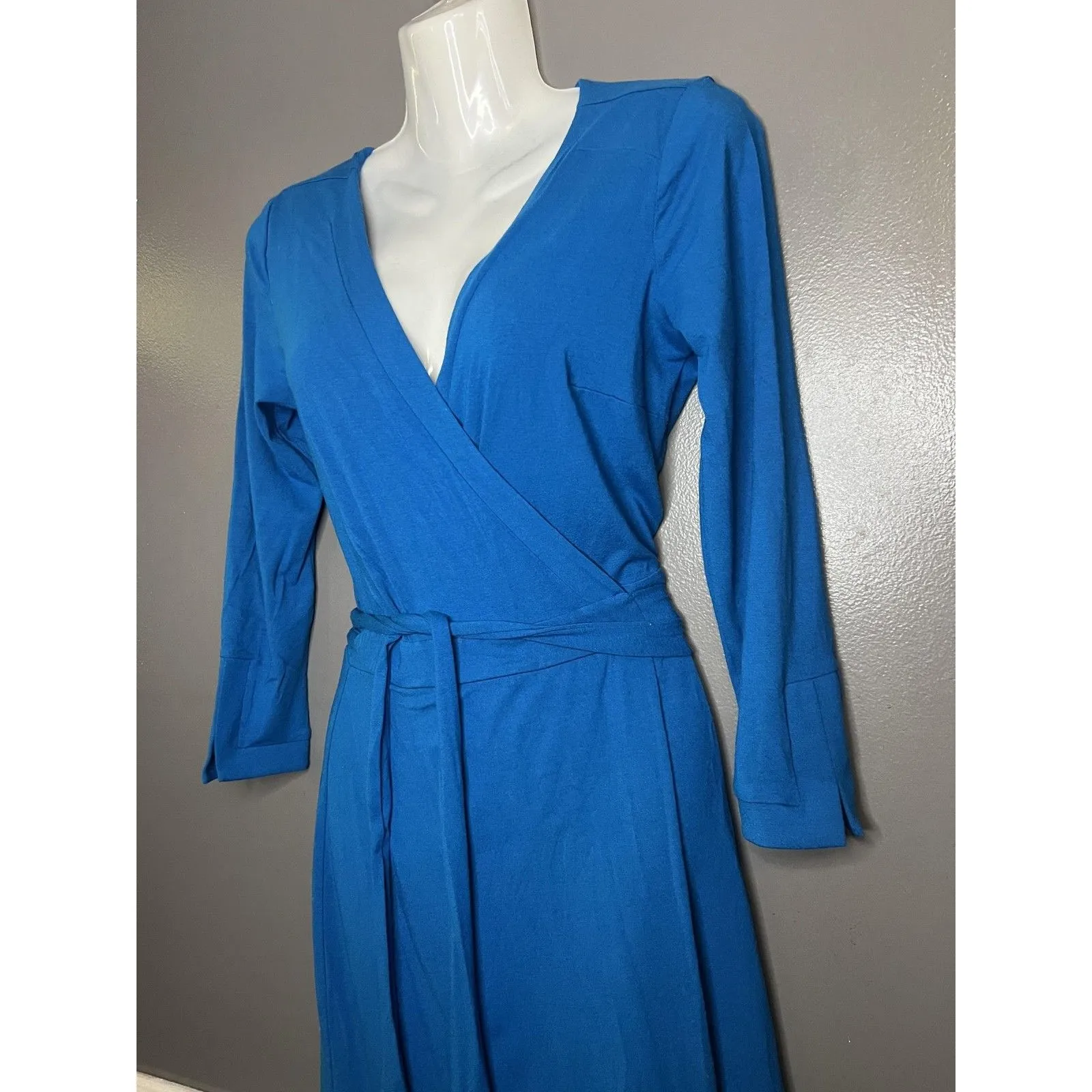 Ann Taylor Dress Womens 00 Blue Wrap Long Sleeve Jersey Knit Knee Length Work - Image 6