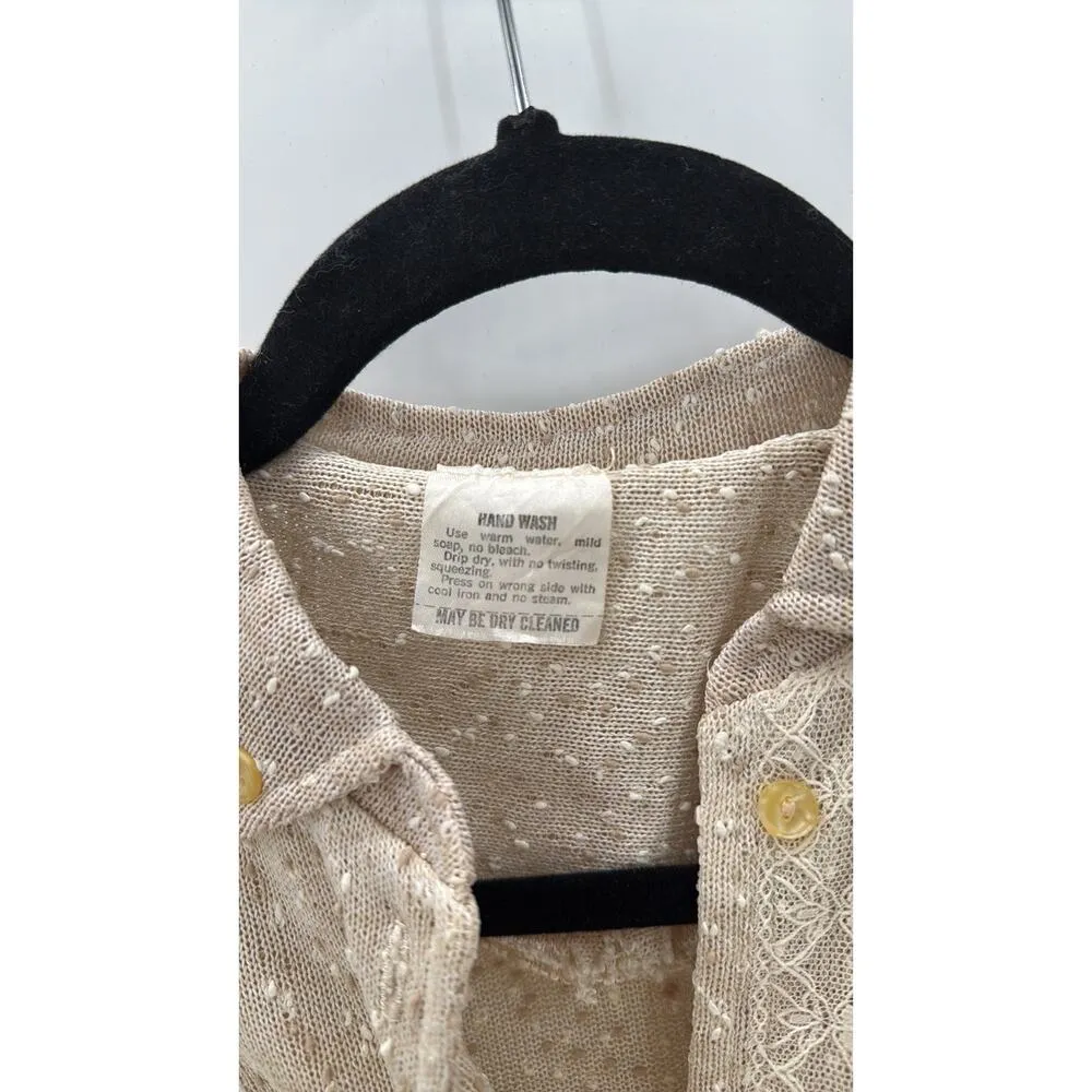 Vintage textured oatmeal lace trim tie waist dress semi sheer beach cover up S - Image 7