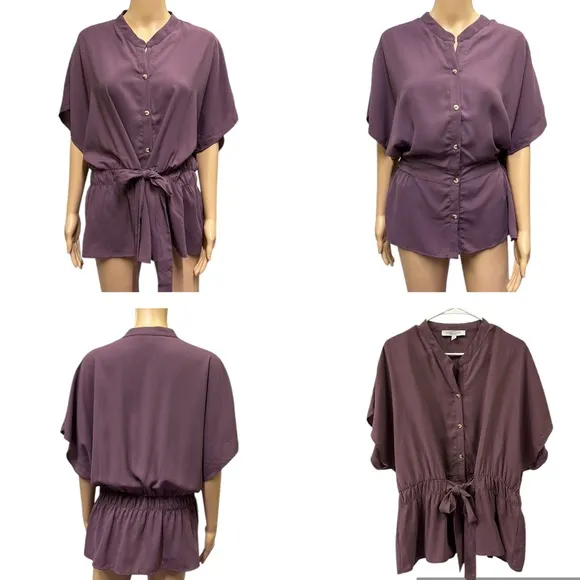 Sweet Rain Purple Peplum Tie Waist Button Up Short Sleeve Split Neck Blouse 1X - Image 2