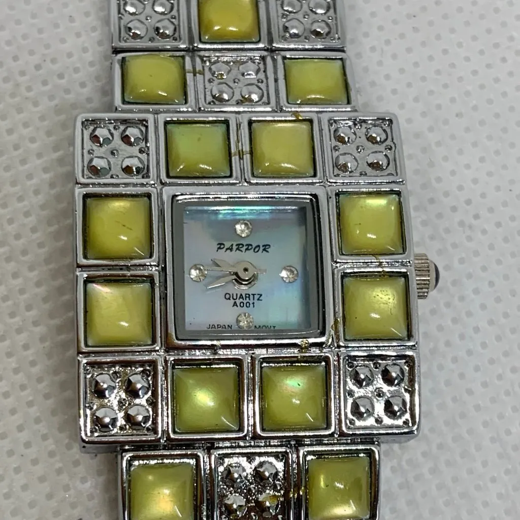 Parpor women watch silver tone green stones Quartz mop dial 25mm 6.5” running - Image 3