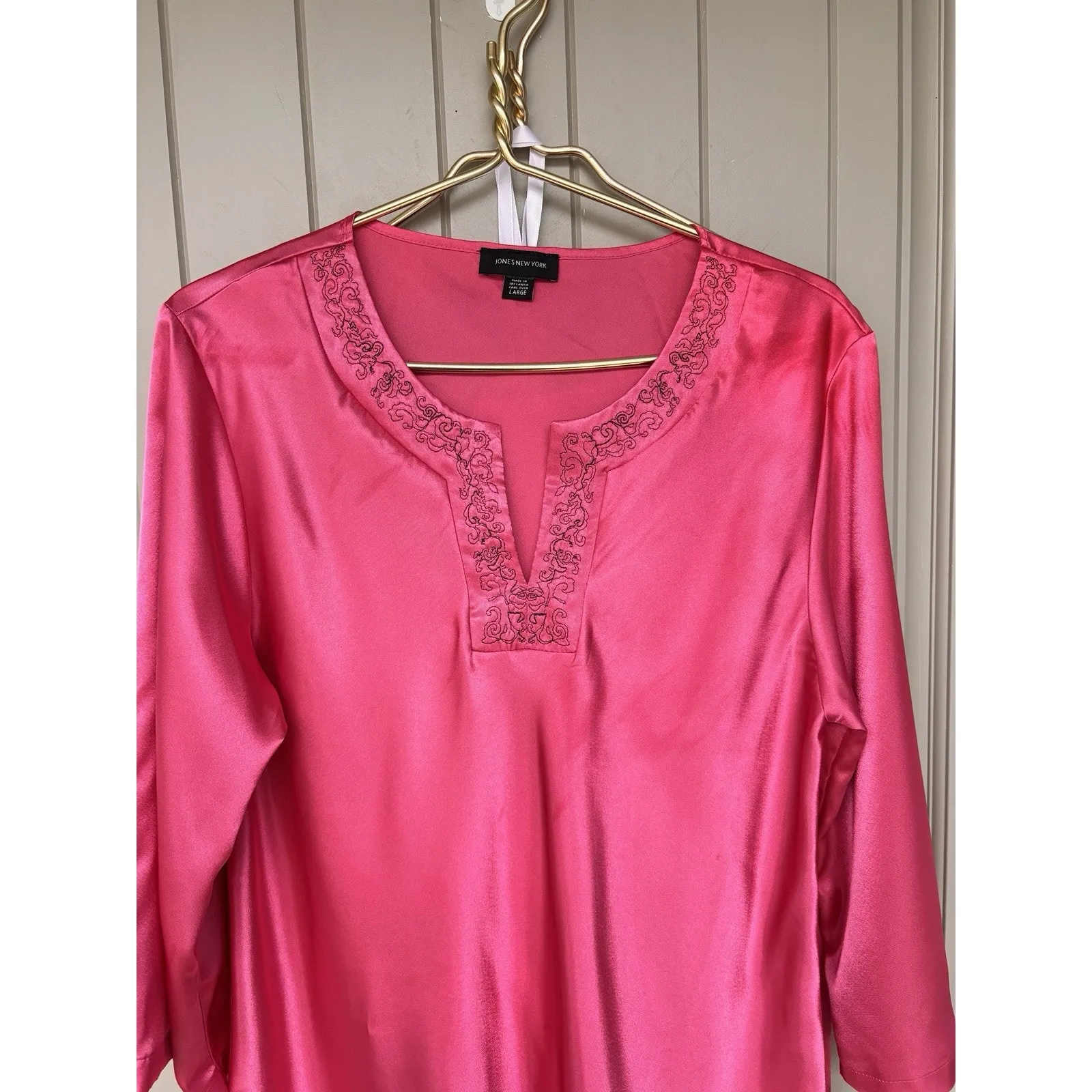 NWT Jones New York Satin Pajamas 2 pc Set Top Pants Lounge Set Embroidered Large - Image 6