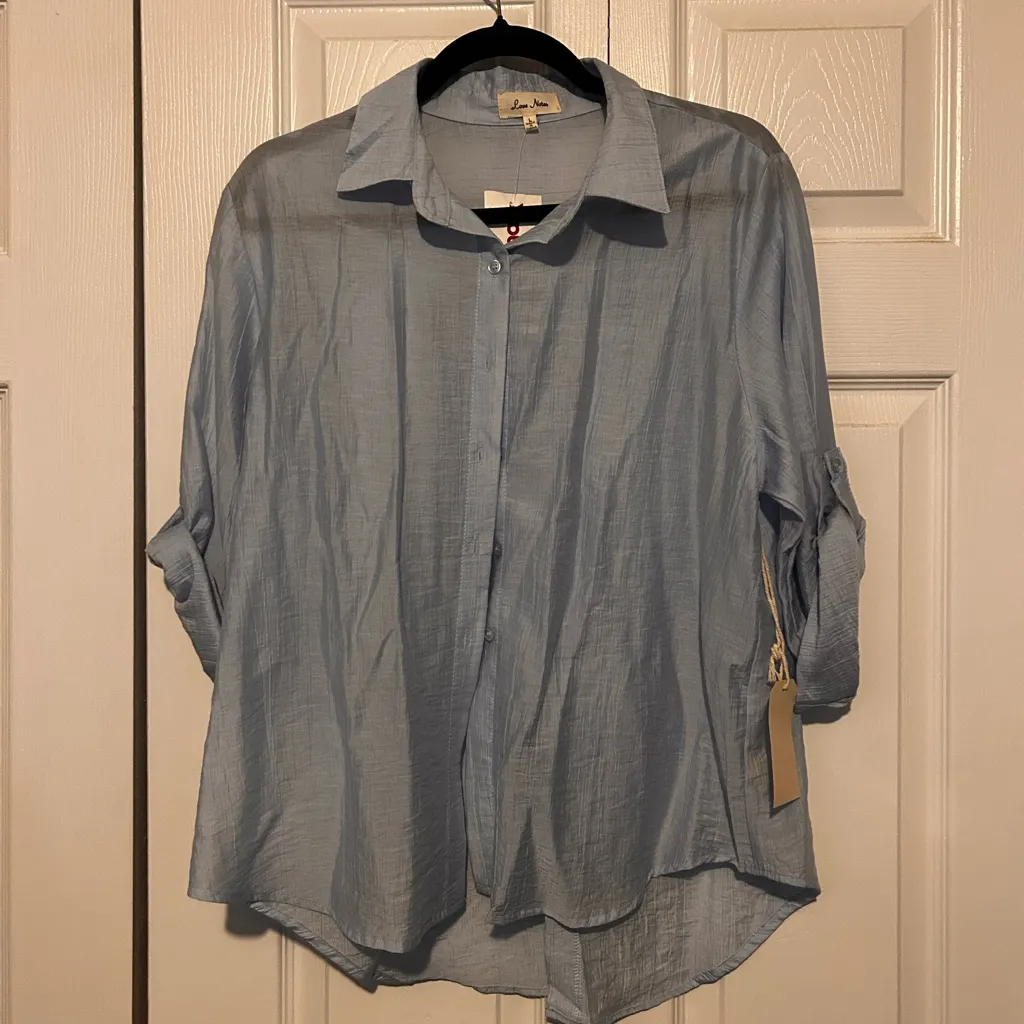 Love Notes Light Blue Straight Leg pants and button down top - Image 2