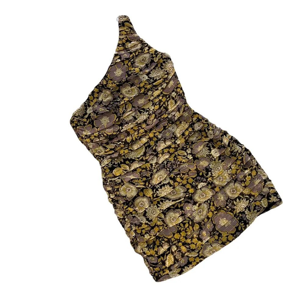 Zara Floral Yellow Purple Glitter Drape One Shoulder Bodycon Dress, Sz S - Image 6