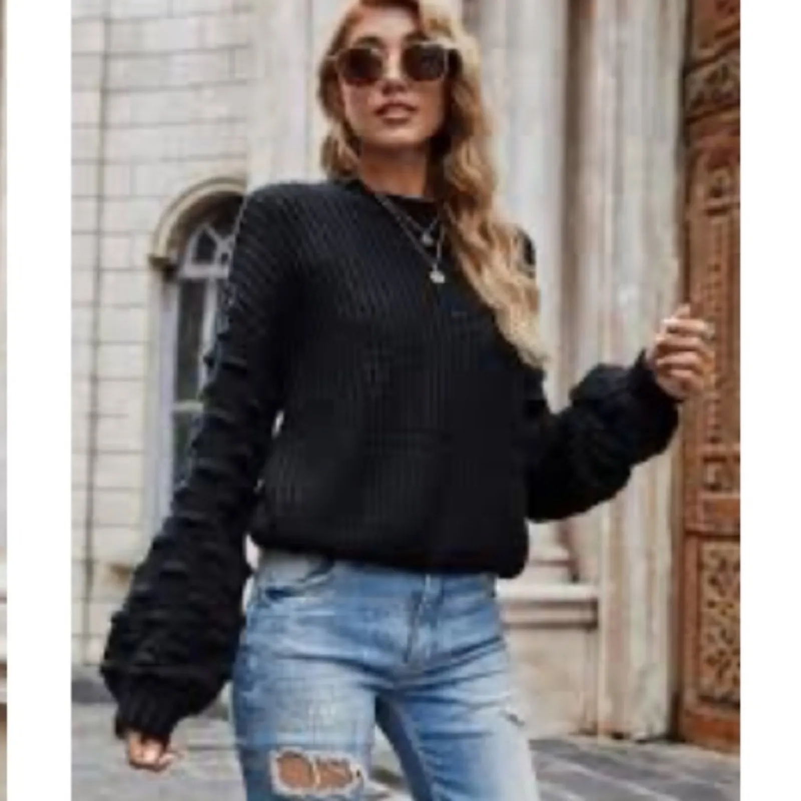 Racheal Lantern Cable Knit Oversized Dolman Sleeve Pullover Sweater Large Black - Image 15