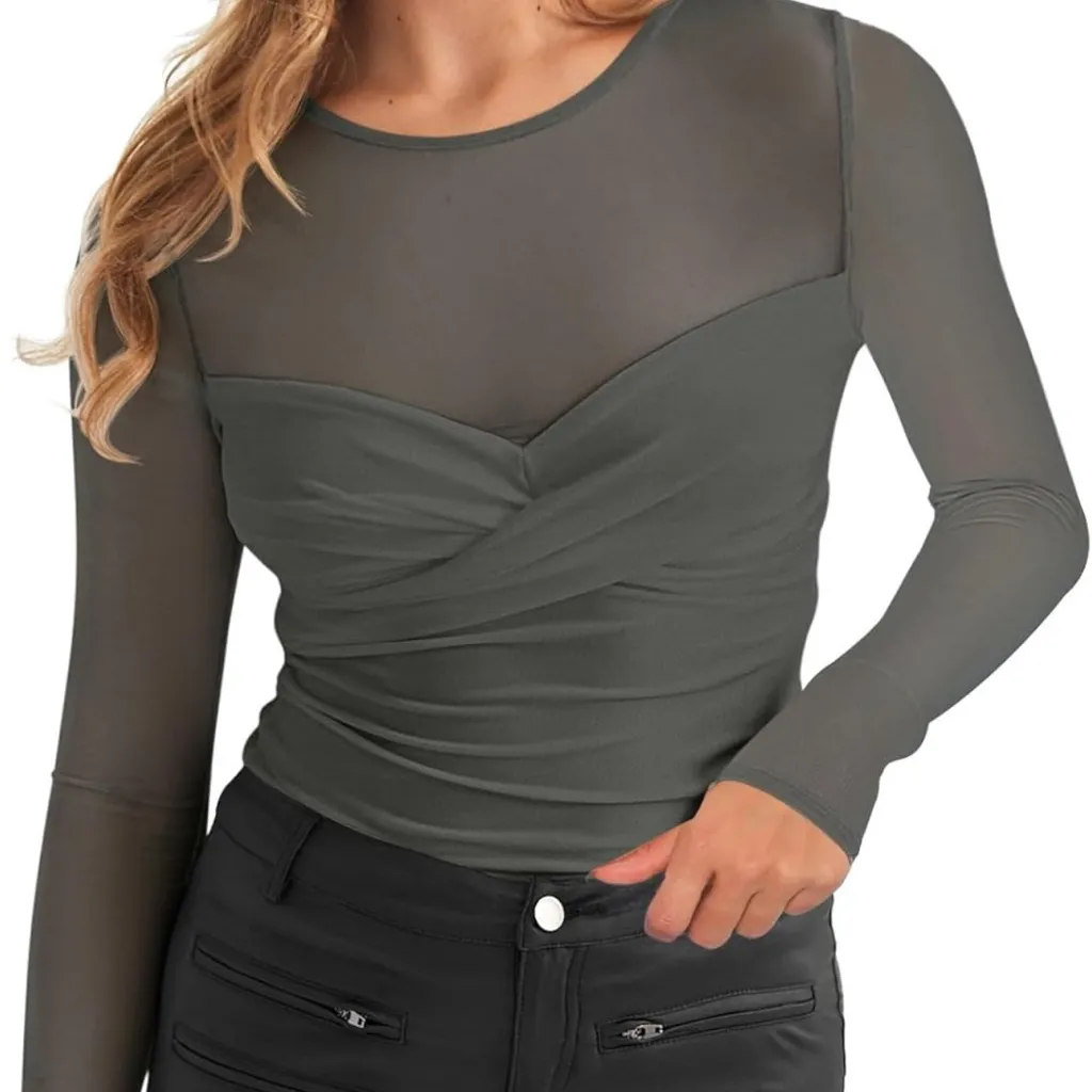 NWT REORIA Women’s Sheer Mesh Long Sleeve Front Twist Knot Ruched Top - Image 5