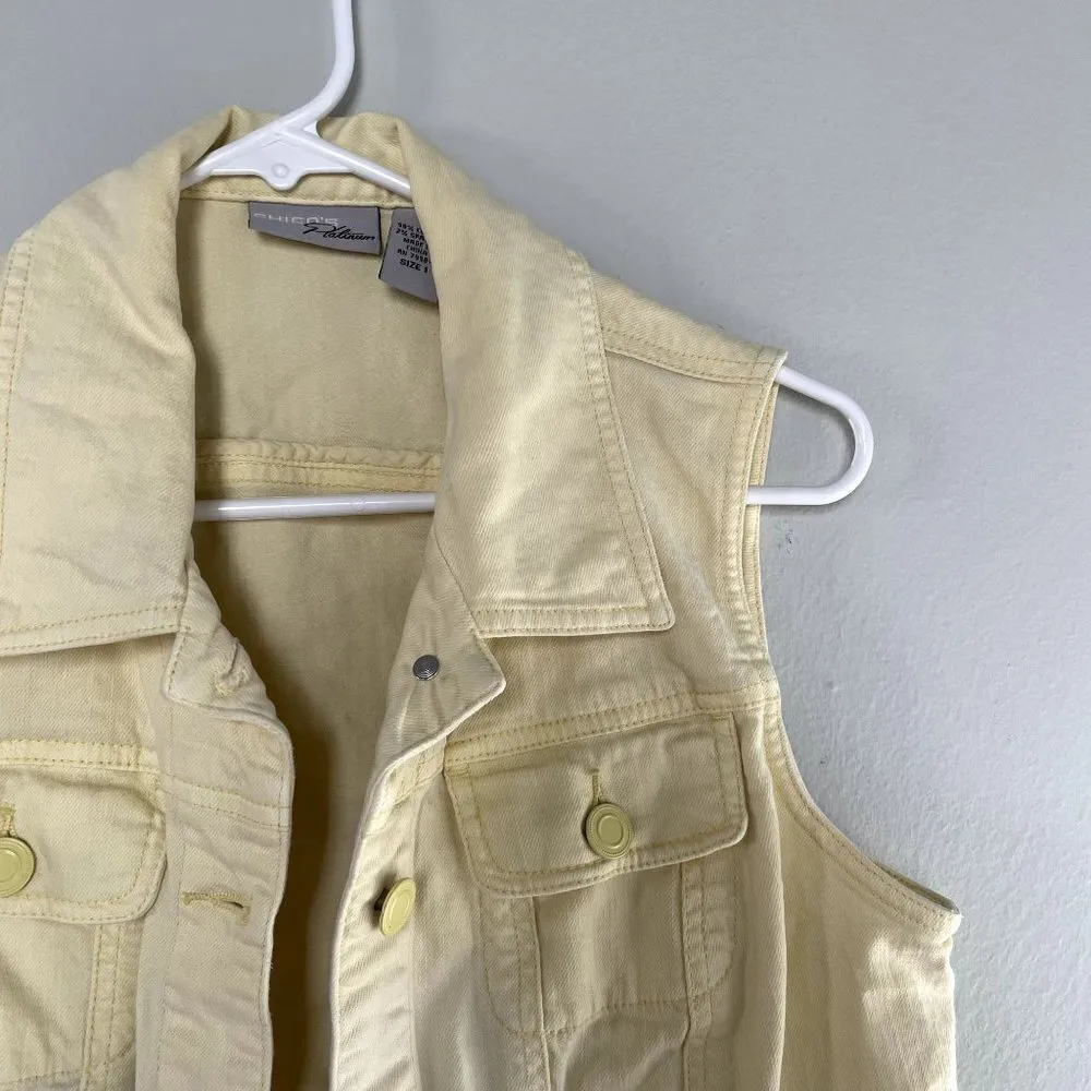 Chico's Platinum cotton spandex yellow jean jacket sleeveless vest pocket size 1 - Image 2