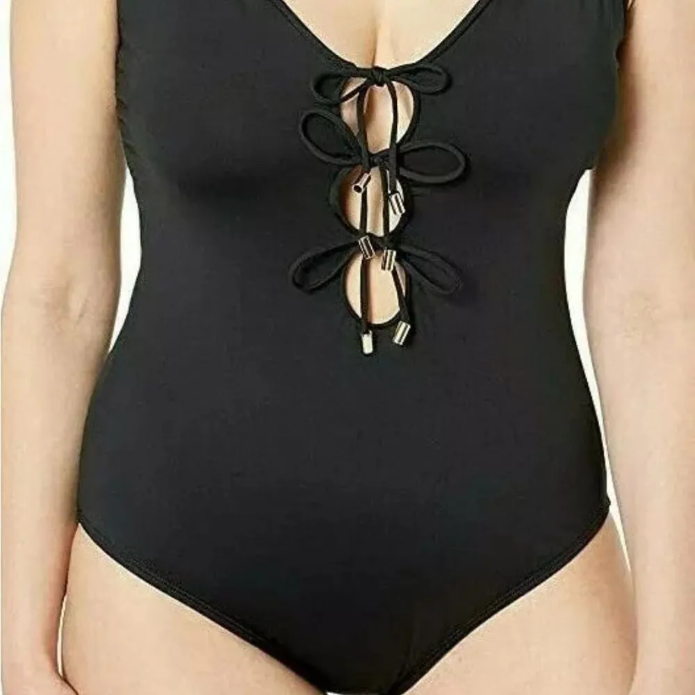 NWT La Blanca's Swim Black Island Goddess Plunge Lace Up One Piece- Size 22W - Image 3