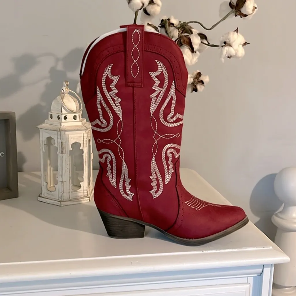 Red Cowgirl Boots Mid Calf Embroidered Western Cowboy Womens 6.5 New in Box - Image 2