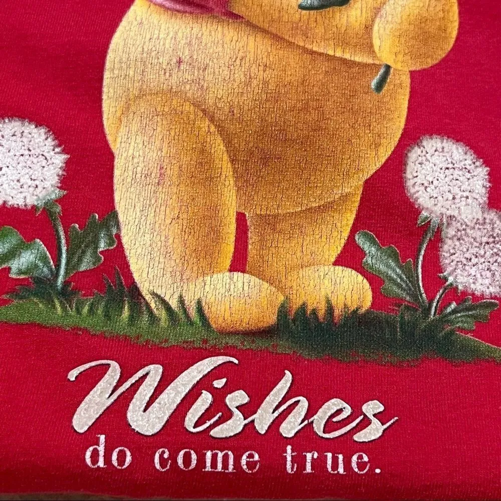 Vintage Y2K Disney Red Winnie the Pooh Wishes Do Come True Dandelion T-shirt L - Image 4