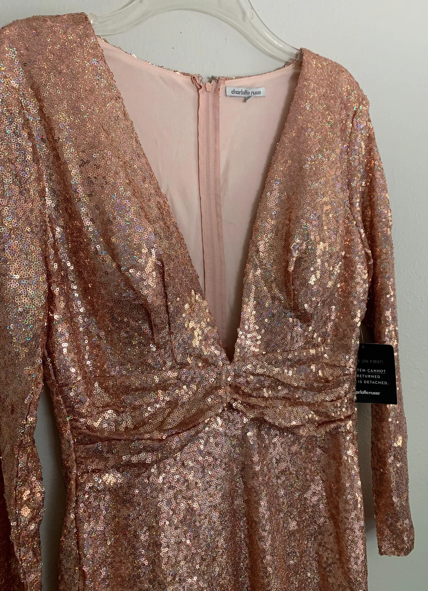 Charolette Russe Pink Sequin Plunge Neck Mini Long Sleeve Dress - Image 2