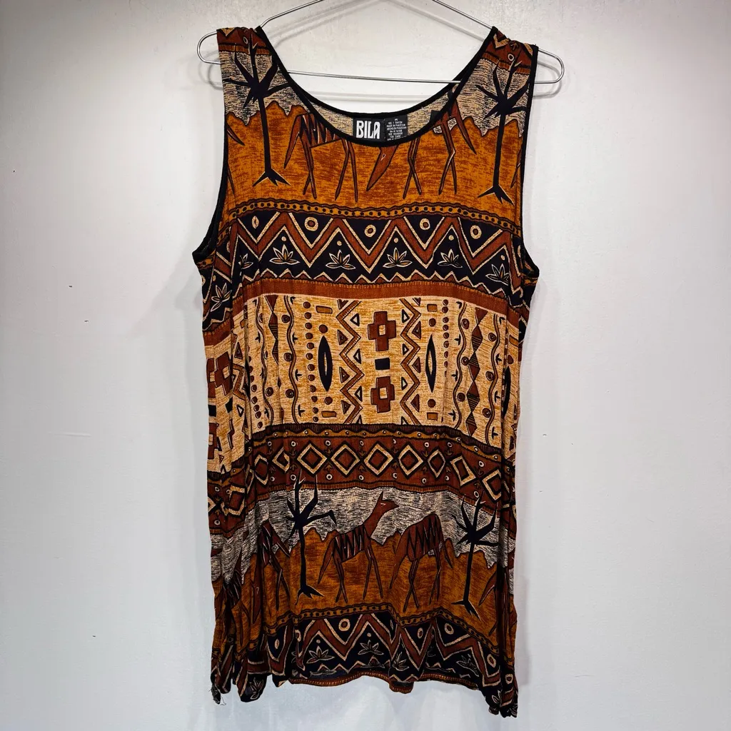 Vintage 80s Tribal Boho Tank Tunic Bila Slit Sides Southwestern Hippie Medium Brown - Image 3