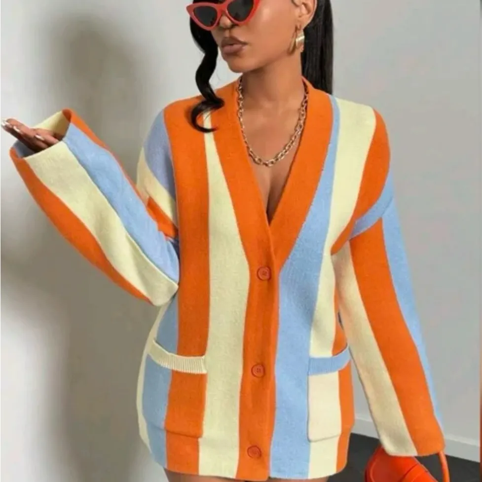 Anrabess orange & Blue chunky striped button cardigan Oversized size small - Image 14