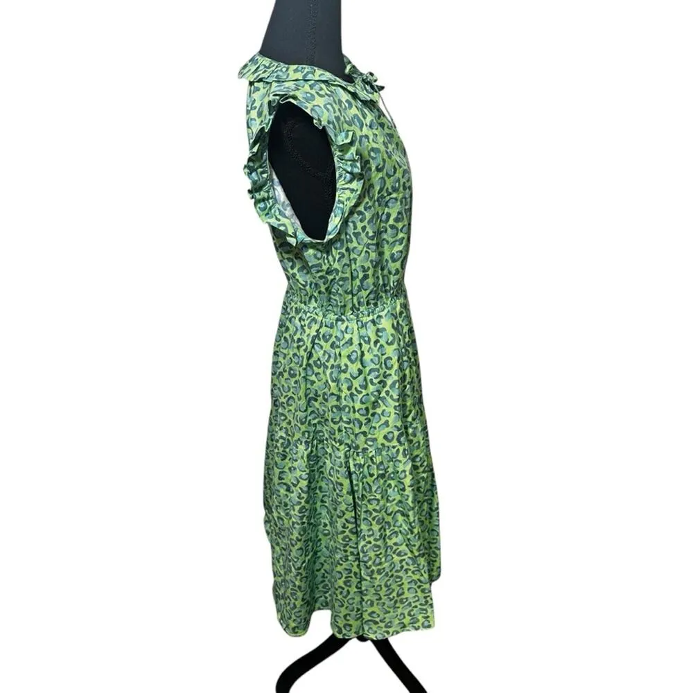 TUCKER NYC Dani‎ Dress Midi Tiered Ruffles Hugs & Kittens Cotton Print Green Size M - Image 3