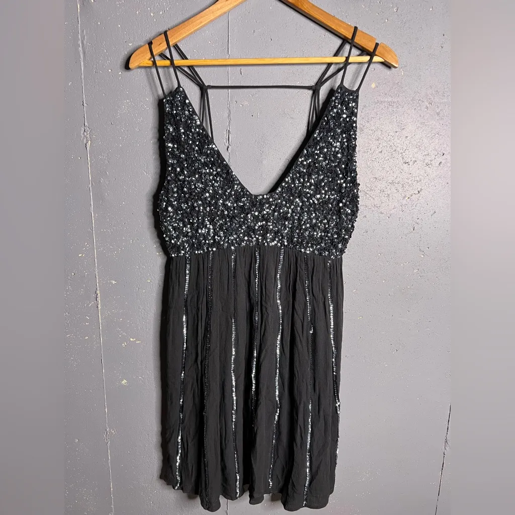 Free People Girl Glitter Mini Slip Embellished Black Dress Medium - Image 5