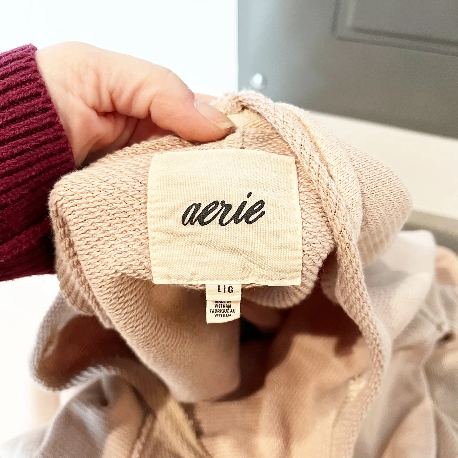 Aerie Beach Party Cropped Long Sleeve Crewneck Sweatshirt Top Tan Large - Image 2