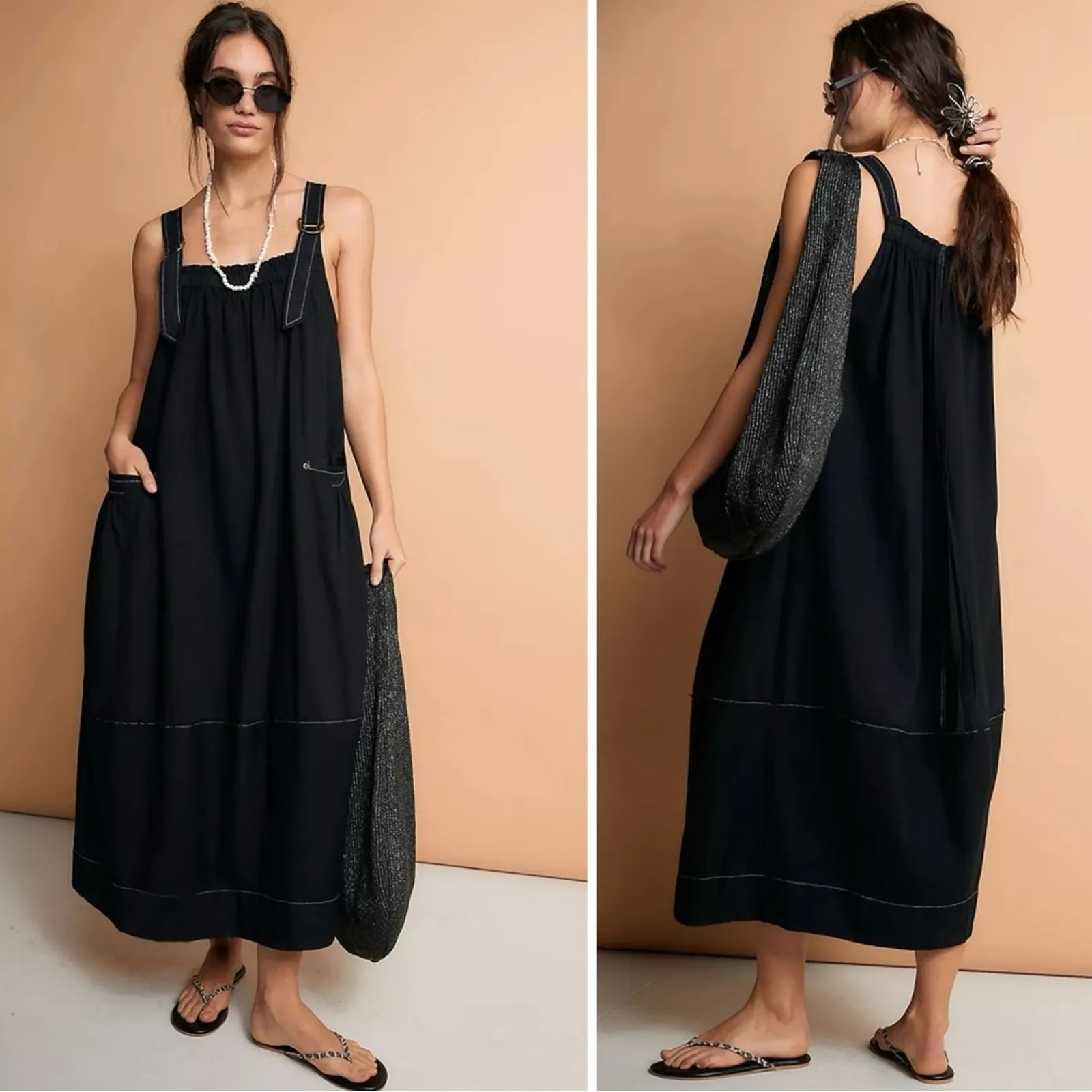 Free People Oversized Chambray Denim Machu Barrel Midi Dress Black Size Large - Image 2