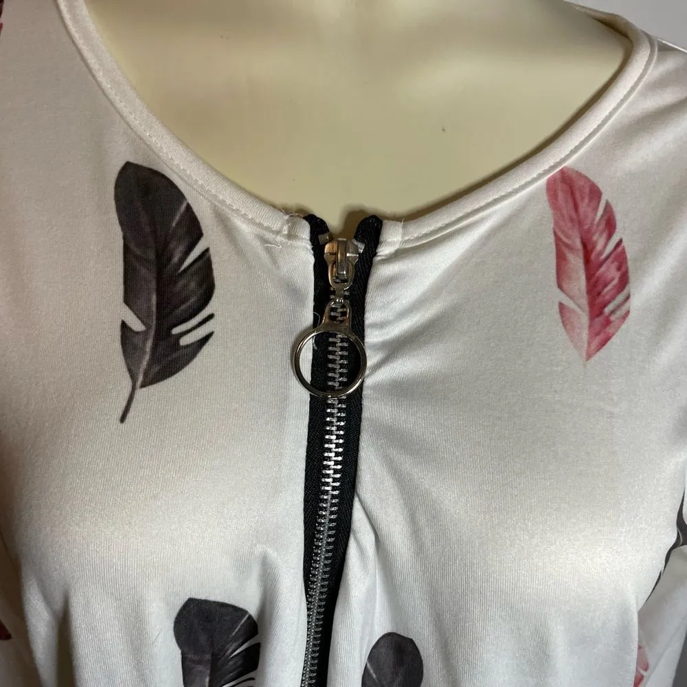 Women’s Zipper Collar Feather Graphic Blouse Size Large - Image 3