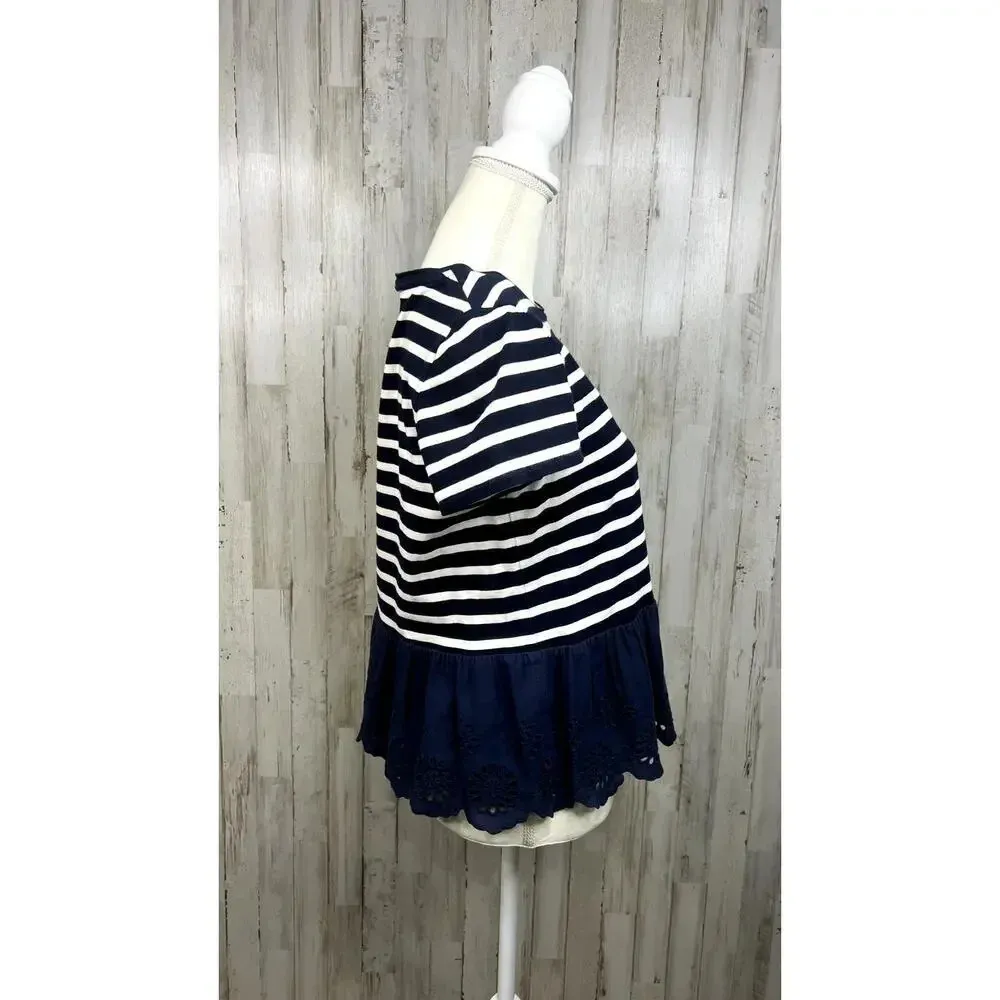 Kate Spade Women's Small Blue/White Striped Short Sleeve‎ Peplum Eyelet Blouse - Image 4