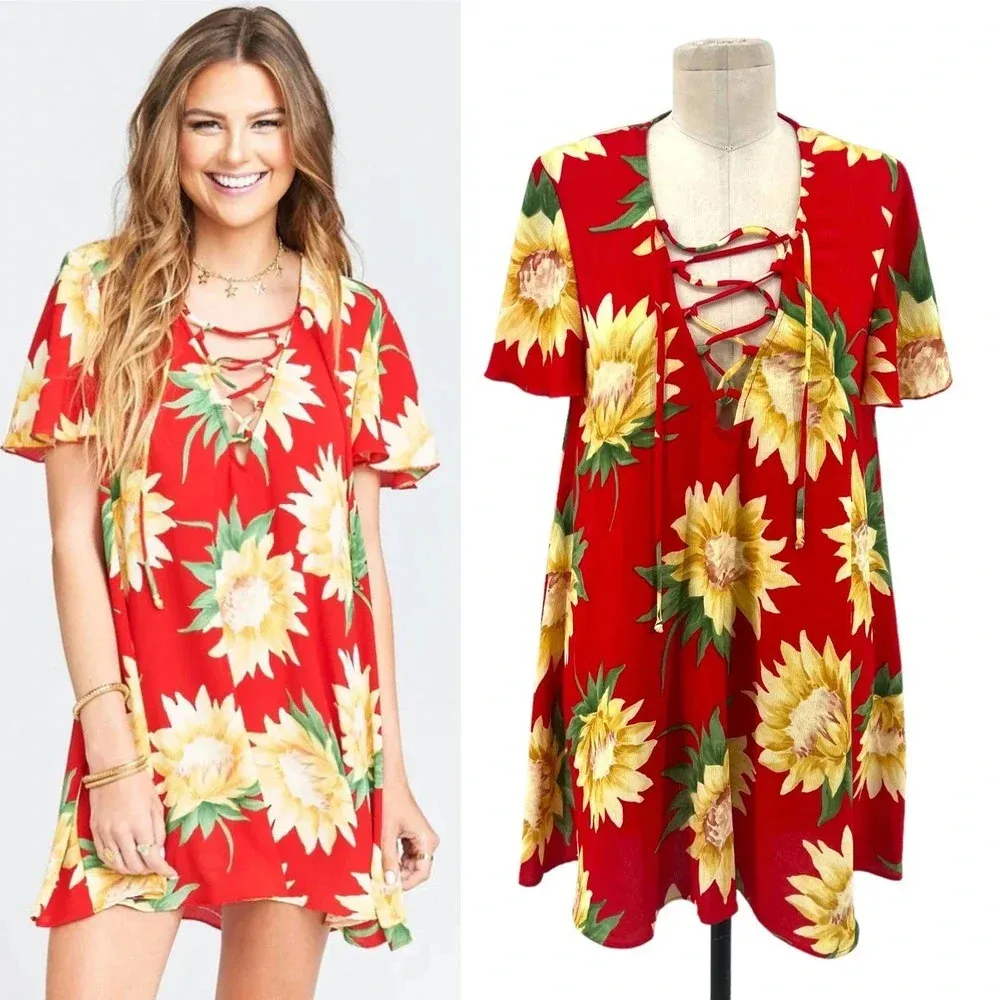 Show Me Your Mumu Kylie Lace-Up Dress‎ Red Yellow Sunflower Print Size XS - Image 2