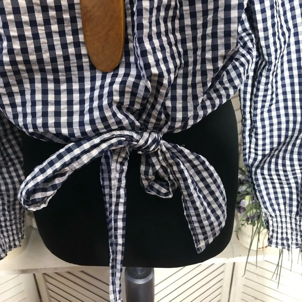 NWOT Santuary Claire Two-Way Top Tie-Front Gingham Print White Navy Blue sz M - Image 10