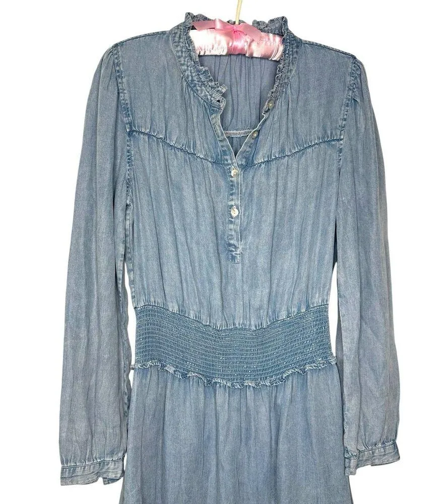 Rails Shawna Mini Dress XS Blouson Smocked Waist Long Sleeve Chambray Denim $290 - Image 3