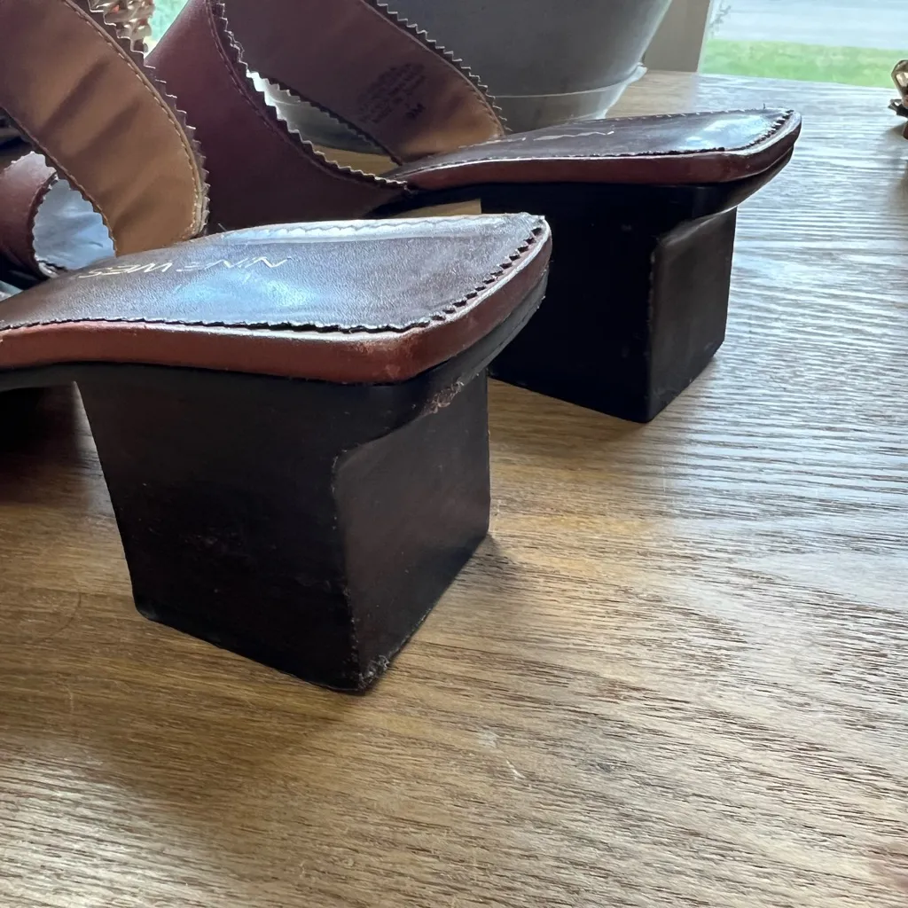 Vintage 90s Nine West Size 9 Brown Leather Square Toe Slide Sandal - Image 4