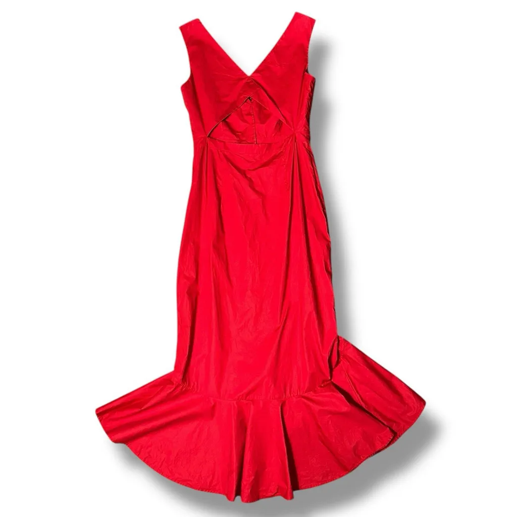 SALONI Zoey Cut Out Cotton Poplin Midi Dress Fluted Hem Red 6 Button Down V Neck - Image 5