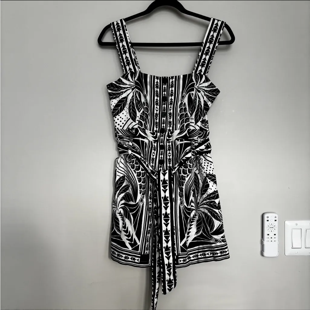 Farm Rio Monochrome Elegance Scarf Print Belted Linen Blend Romper Size S - Image 2