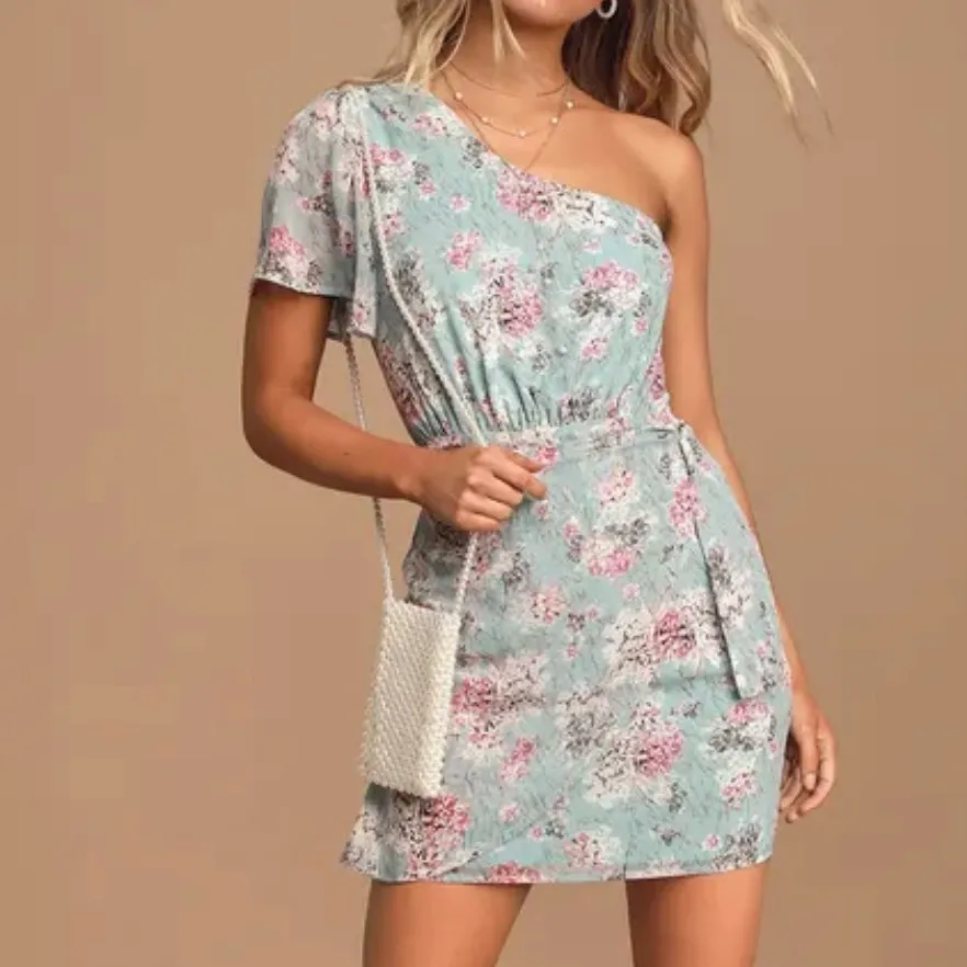 NWT Lulus Way‎ to Wow Dusty Blue Floral One Shoulder Faux-Wrap Dress LARGE - Image 3