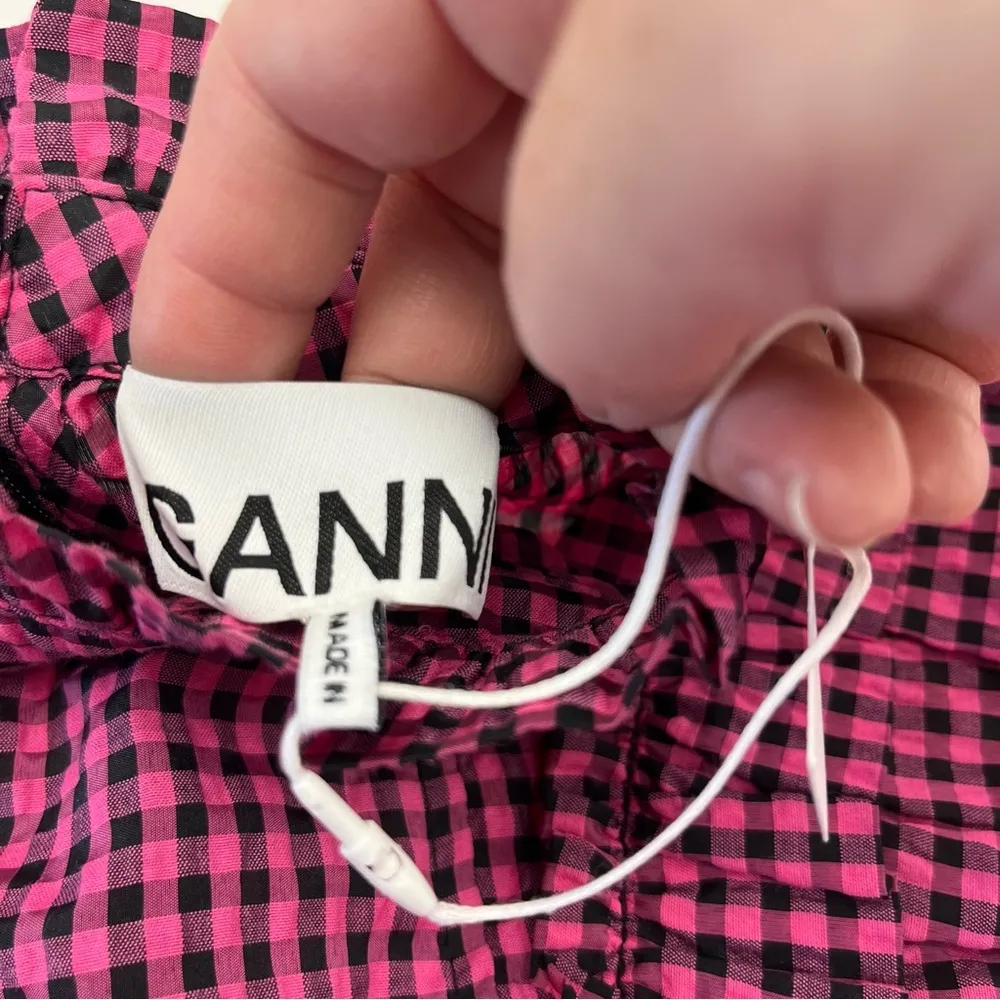 Ganni Seersucker Check Pattern Ruffle Top Women Size EU 38 Medium Pink Black NEW - Image 3