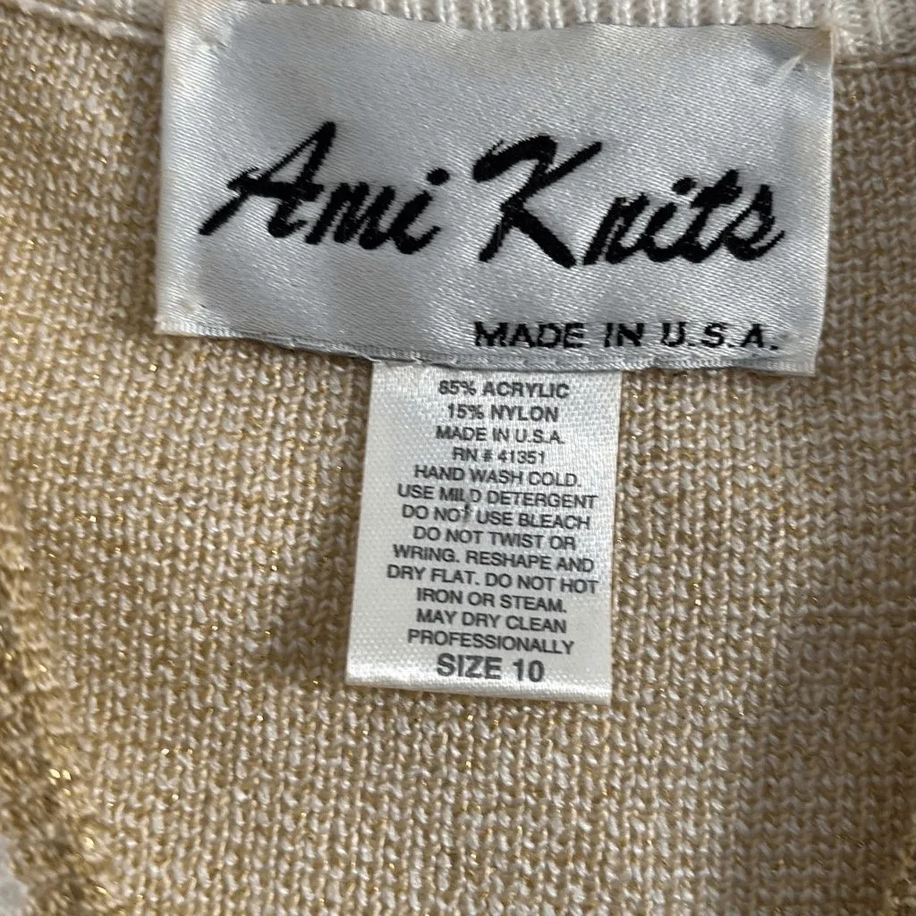 Ami Knits Womens Diamond Pattern Cardigan Sweater Off White Gold Size 10 Vintage - Image 4