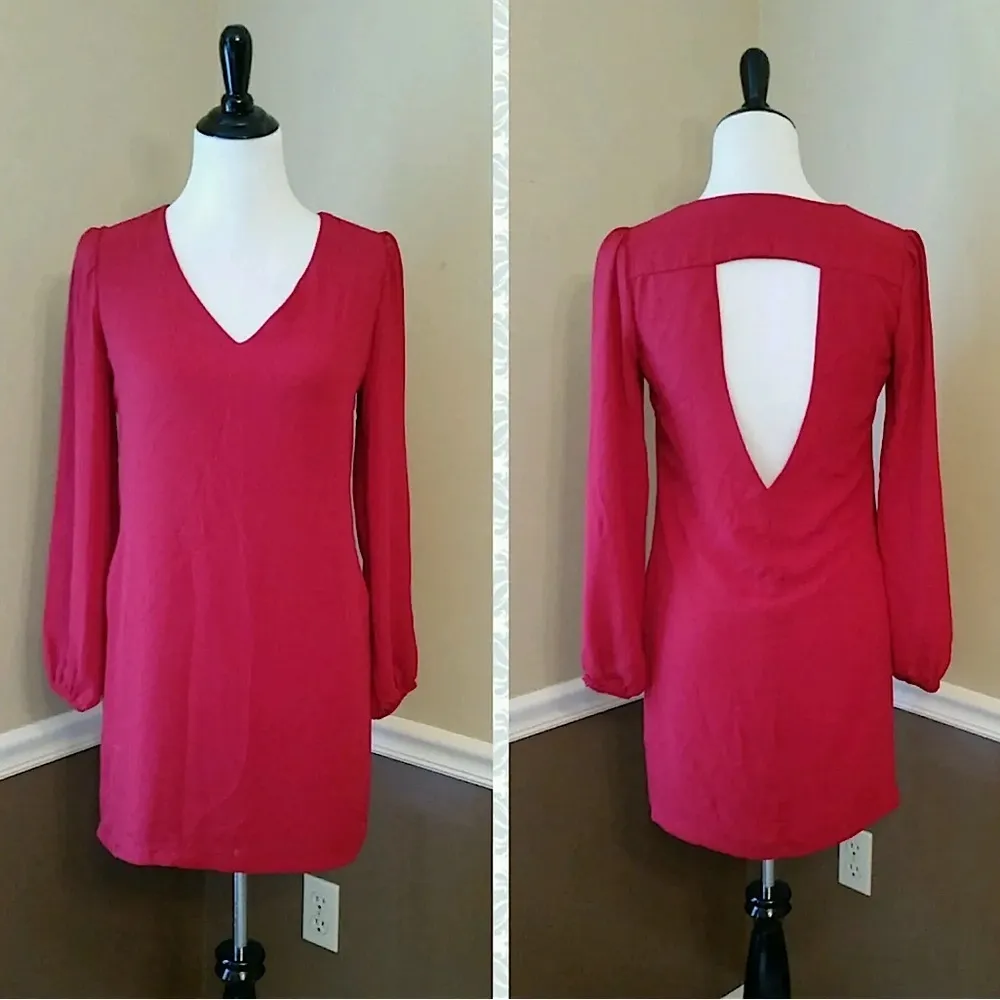 Deep Red Long Sleeve Cutout Back Tunic Shift Dress Eight Sixty ModCloth Holiday - Image 2