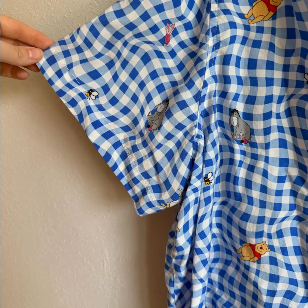 Disney Winnie the Pooh Bear Blue White Gingham Plaid Button Down Blouse Women 2X - Image 3