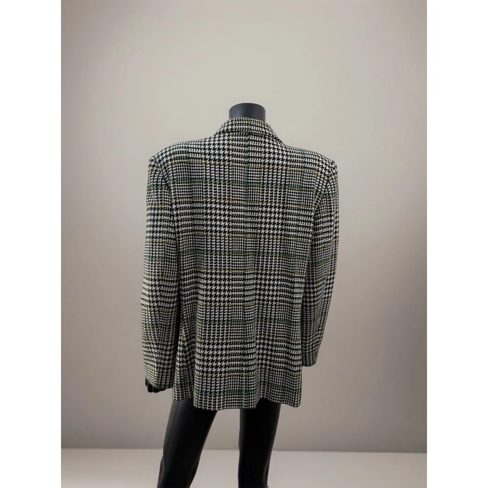 Le Suit Wool Blend Houndstooth Plaid Blazer Black White Tailored Jacket - Image 3